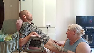 Wife Watches Mother-in-law Doing Deep Blowjob and Swallowing Cum