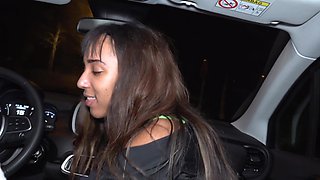 Beautiful long-haired brunette gives a blowjob in a car.