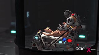 Sci-fi male sex cyborg plays with a sexy young hottie in restraints in the lab