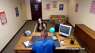 Busty Tits cougar in tiger dress makes headmaster steamy