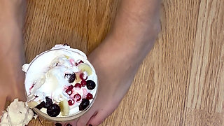 Playing with a fruit bowl and a whipped cream with ma feet
