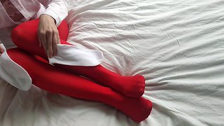 Valentines Day in Red Pantyhose, White Socks and Shoes - Hot Video