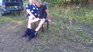 Stepmom in a public park jerks off my dick until I cum