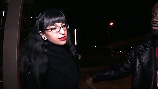 Young brunette in glasses Zeyna gives a blowjob in the car and gets her twat blacked