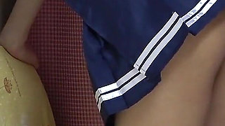 Natural Tits, Legs and Thong of Japanese Girl Sitting on Chair in Apron-style Miniskirt Uniform Are Observed From Under the Desk
