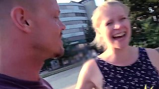 Pierced blonde babe cockriding in public