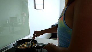 Big ass Thai GF cooking and kitchen fuck