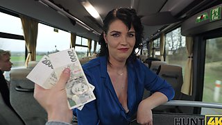 A chubby brunette with big natural tits gets fucked on the bus in pov style