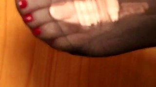 Ripped Black Thigh Highs in Worn Pink Clogs - Under Desk View