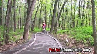 Nasty girl Candy Kiss is riding her bicycle and masturbating her pussy in public