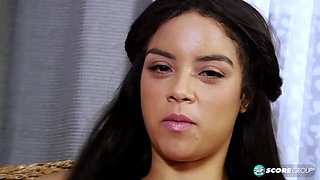 Beautiful Latina Maya Bijou strips out of her jeans and plays with her perfectly hairless pussy as it streams girl-cream.