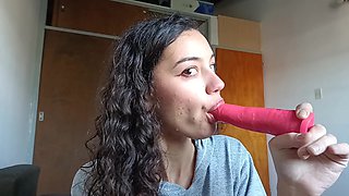 Sexy Latina Sucking a Dildo, Enjoying It Like It's Real