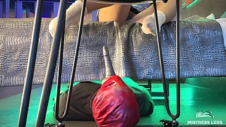 Slave with a Dildo in Mouth Under My Bed That's His Only Way to Get a Footjob From Me