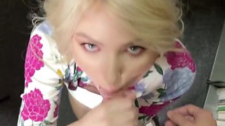 Blonde library girl gets bored at her workplace