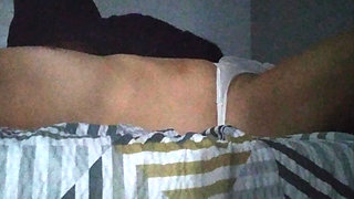 Woman pleasuring lucky guy wearing little thong panties Female on male nipple licking making him moan like a slut