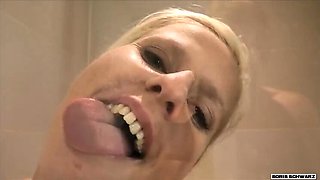 German Blonde Piss Whore Sucks Cock in Bathroom - Amateur HD 4K