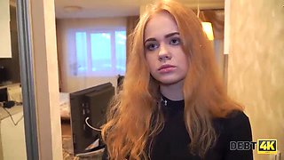 Debt4k. Foxy guy fucks cute redhead Rose Wilds shaved pussy for debt