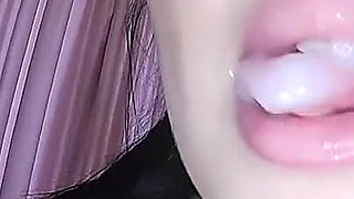 She Loves Drinking Cum From a Condom and Gargling Sperm After Slow Sensual Blowjob