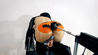 Halloween video - Anal fucking by my sex machine until pissing with pleasure + throat blowjob