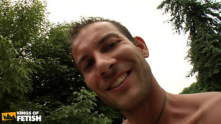 Busty Brunette Gets Her Pussy Smashed by the Bus Driver and His Friend Outdoor