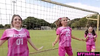 Teen soccer stars Freya, Macy, and Violet play with coach's large equipment
