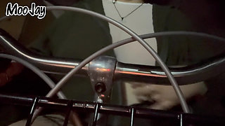 Flashing big tits and hairy pussy on a public bike ride Outside