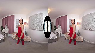 Louisa Lu Red Party Dress With Black Crotchless Legwear & Red Boots Joi Treat - 8k Vr