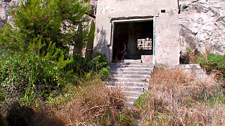 A redhead girl in fishnet stockings and black boots, bent over and slammed doggystyle in the countryside!