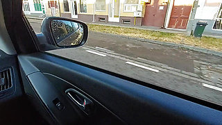 Horny mature mom with high heels and sexy legs in the car in the morning on the way to the office