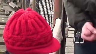 Brunette fucking with old dude next to a railway
