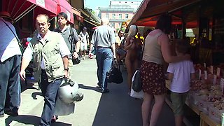 Blonde is flashing her big boobs in the outdoors