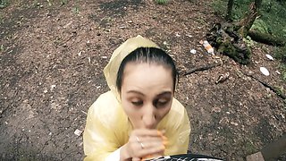 Black Lynn in Yellow Raincoat Sucking Cock in the Woods - Public Blowjob and Cum in Mouth