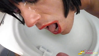 Tranny dark hair likes others pissing in her mouth