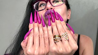 Purple Color Long Nails, Sharp Stilettos, Palms, Long Fingers and Hands Worship, Black Pvc on Me