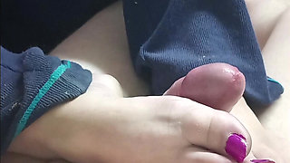 Step mom Stacy gives stepson son best footjob with pretty toes cum on her feer