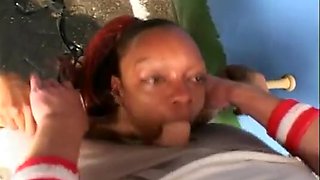 Ebony Model in Mask Gives Dripping Blowjob