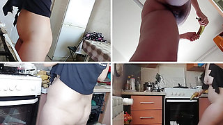 Sexy mom prepares breakfast, hairy pussy, big tits.