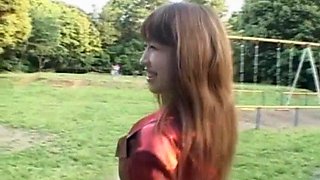 Outdoors video of naughty Mirai Hirooka flashing and sucking a dick