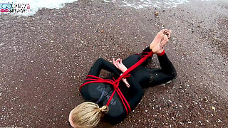 Hogtied in a Wetsuit - Rope Bondage Escape Challenge on the Beach