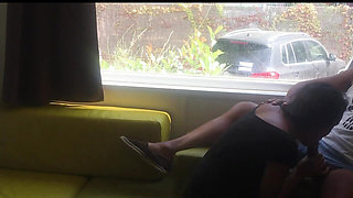 Camping risky public blowjob in front of an open window