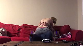 Blonde MILF riding cock on couch after wine