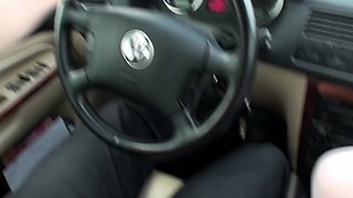 Amazing busty brunette slut doing blowjob outdoor