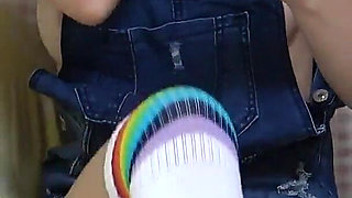No Bra Denim Overalls Mini Skirt and White Micro Thong Wedgie Crotch, Perfect Body Big Tits Japanese Girl Seduce