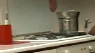 Horny blonde milf wife loves getting her pussy pounded by her husband while cooking dinner in the kitchen in the pots