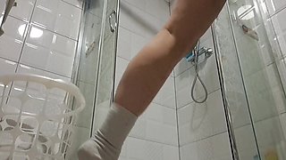 MILF Cleaning the Shower Without Panties