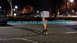 Piss in microstring with Fake mask and huge breasts outdoor