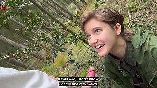 Girl gives a passionate blowjob in the woods