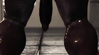 BDSM in prison. A sexy cuffed brunette with many boobs gets fucked hard by a big black cock