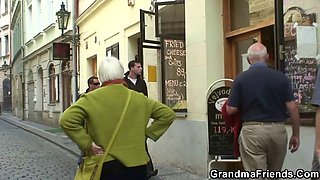 Curvy blonde granny picked up by two guys for a wild fuck