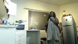 Horny Black SSBBW Masturbating and Stripteasing at the Kitchen